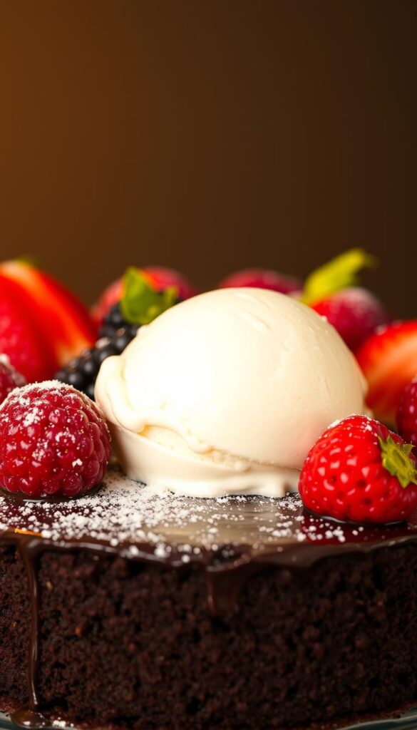 Serving chocolate cake with berries and ice cream Serving chocolate cake with berries and ice cream